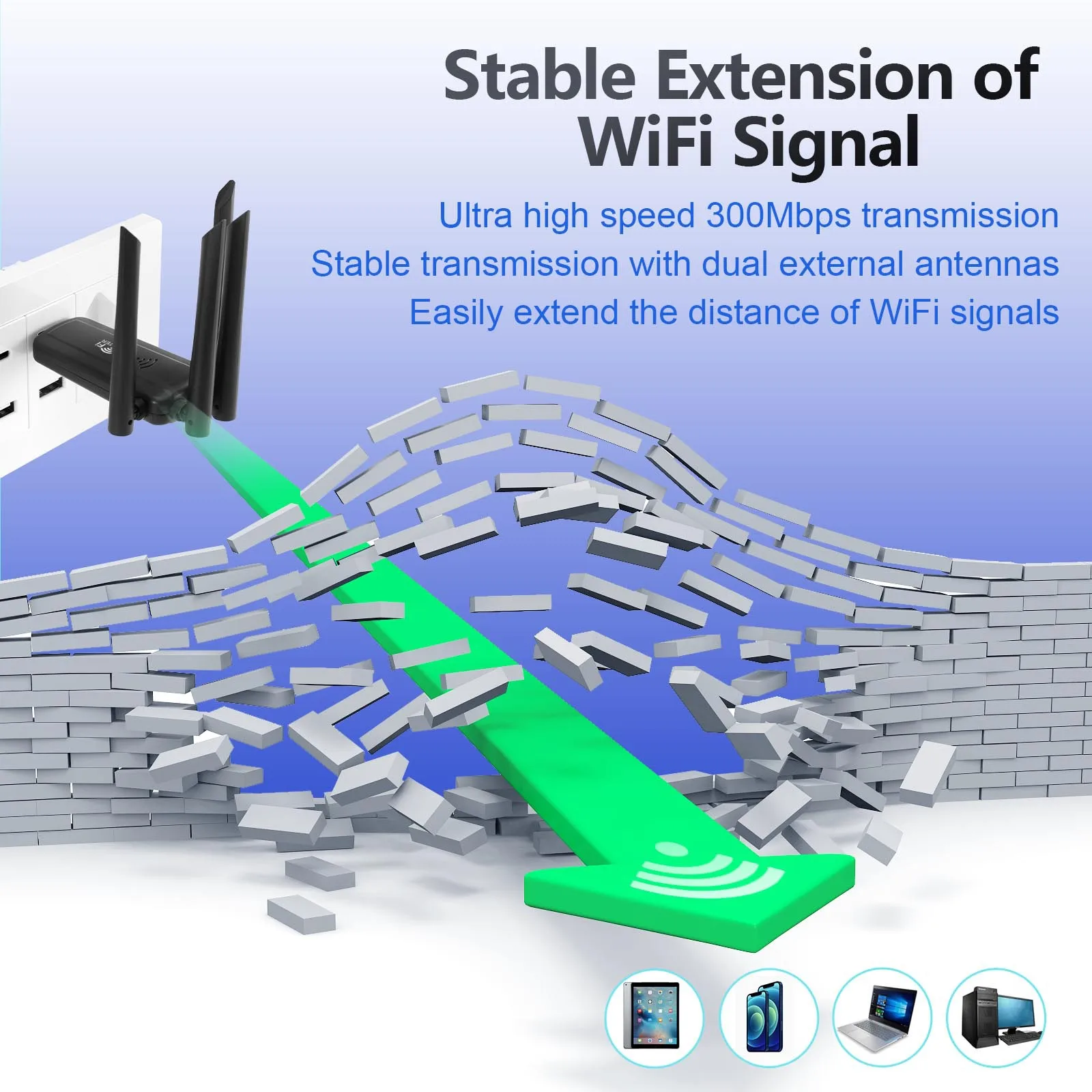 2.4G 300Mbps Wireless USB WiFi Repeater 4 Antenna Wifi Long Range Extender Wi-Fi Signal Amplifier Home Network Adapter for PC