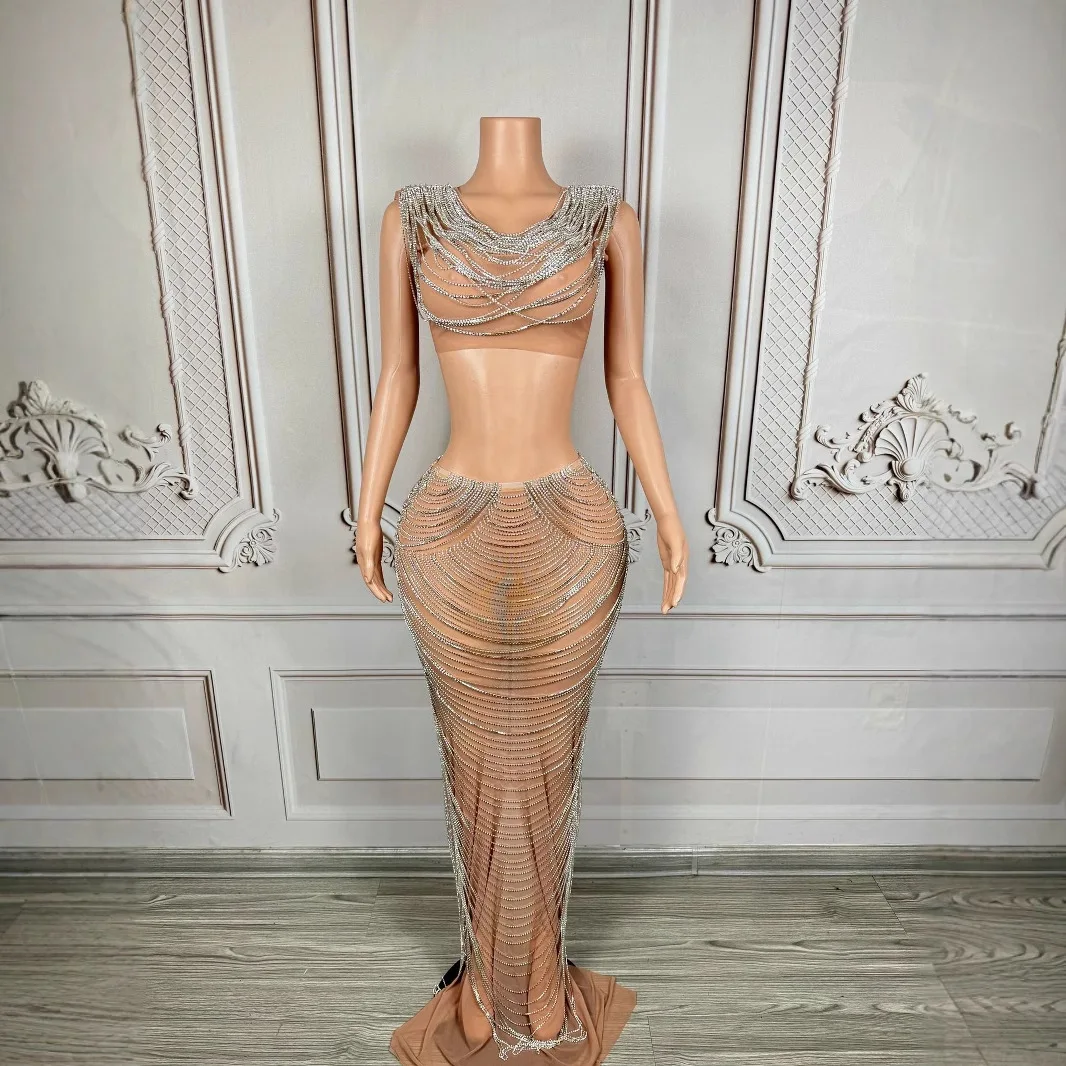 Robe de soirée de Banquet haut de gamme avec chaîne en argent de luxe, pour réunion annuelle, chanteur haut de gamme, vêtements de chant à la mode, robes moulantes