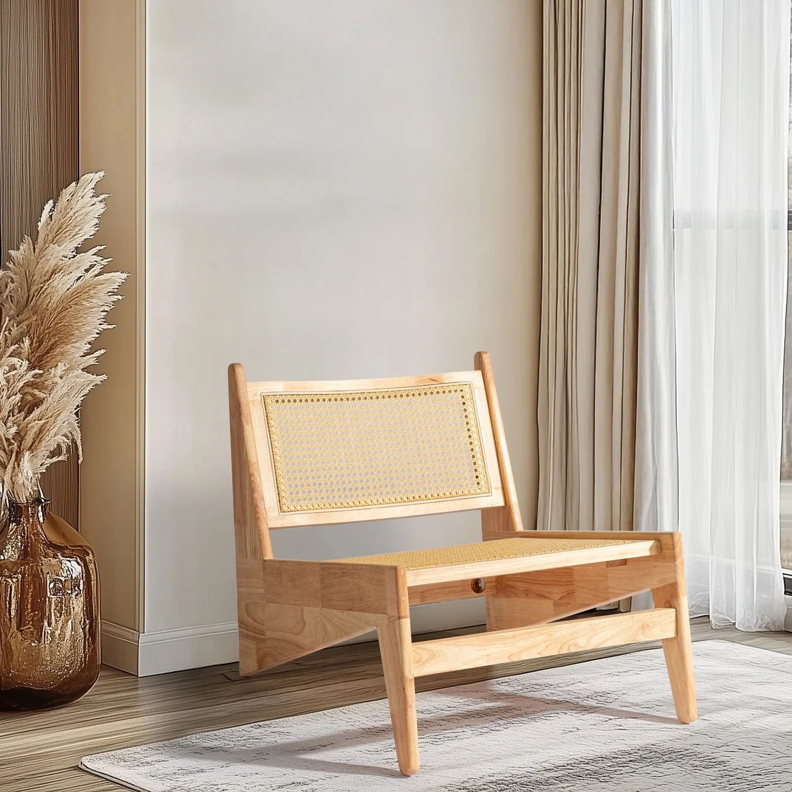 

Oblique Triangle Original Wood Color PE Rattan Rubber Wooden Chair