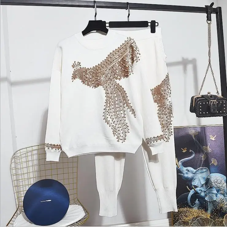 

TEELYNN Nail Bead Phoenix Autumn Sweaters Set for Women 2022 Casual O-neck Long Sleeve Sweater with High Waist Knitted Pants