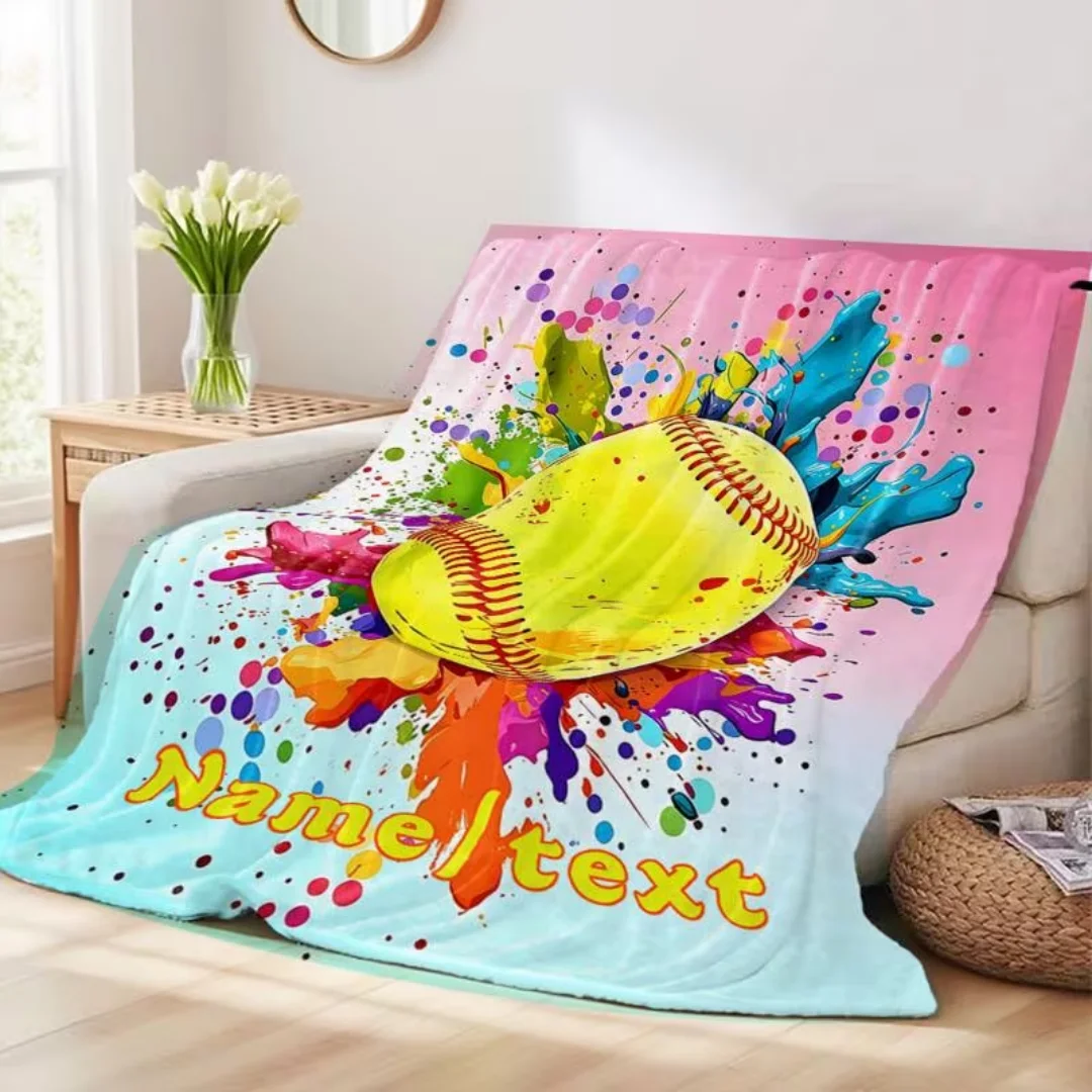 Personalized Custom Name Text Paint‑Splatter Baseball Print Flannel Blanket, Lightweight Soft Warm All‑Season Throw Blanket for