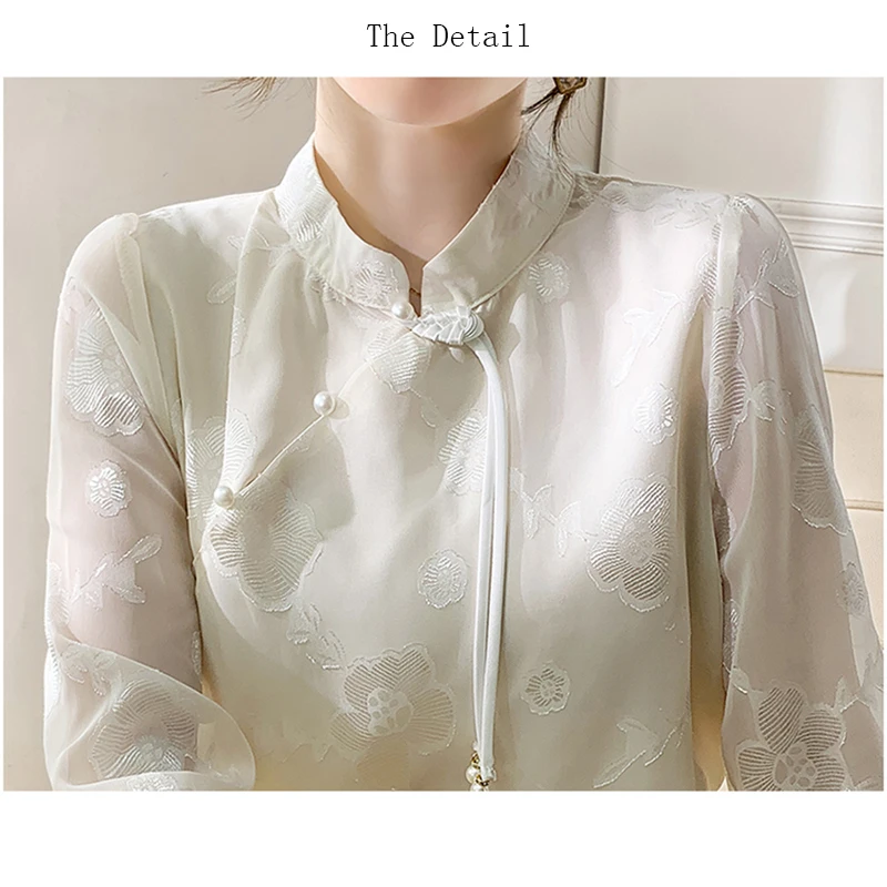 New 2024 Spring Women Shirts & Blouses Stand Collar Chinese Style Long Sleeve Chiffon Blouses Women Jacquard Elegant Top Mujer