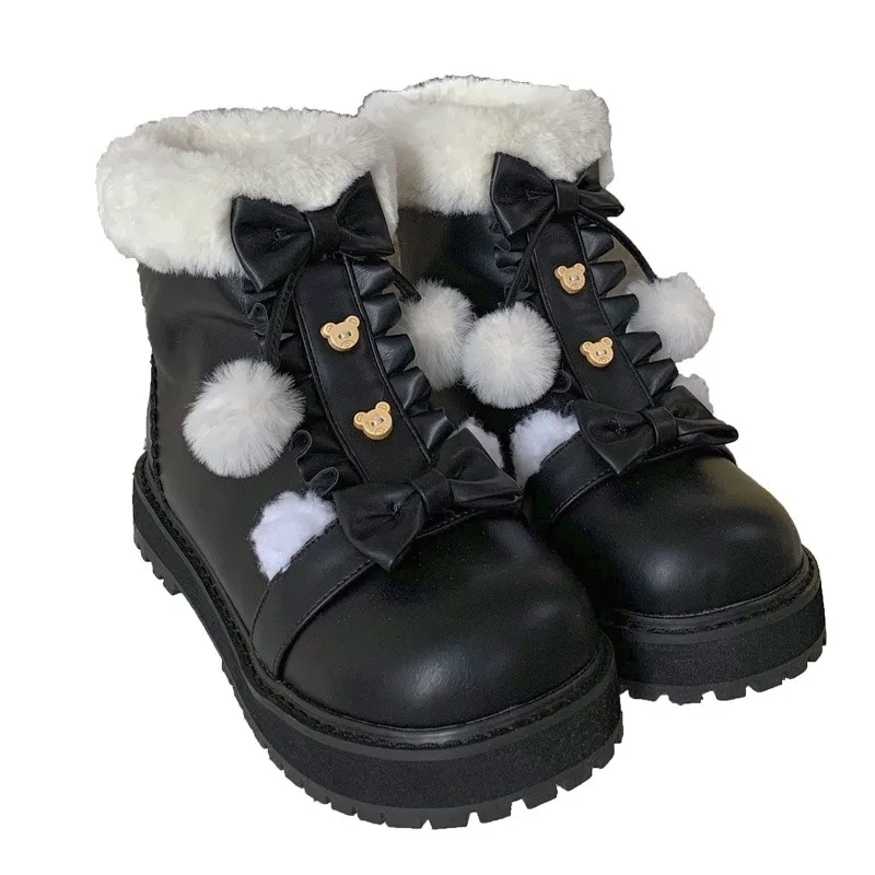 Winter Warm Lolita Boots Japanese Fluffy Round Toe Kawaii Cosplay Shoes Women Shoes Lolita Ankle Boots Loli Boot PU Leather