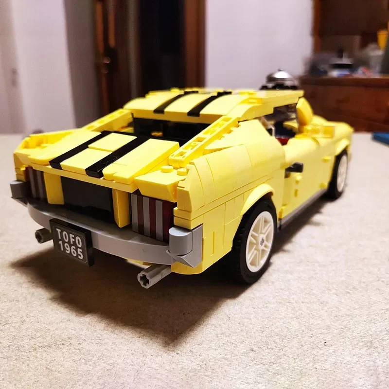 Moc klocki Vintage klasyczne wyścigi żółty Mustang Model samochodu klocki techniczne DIY montaż pojazd zabawki dla dzieci dziecko