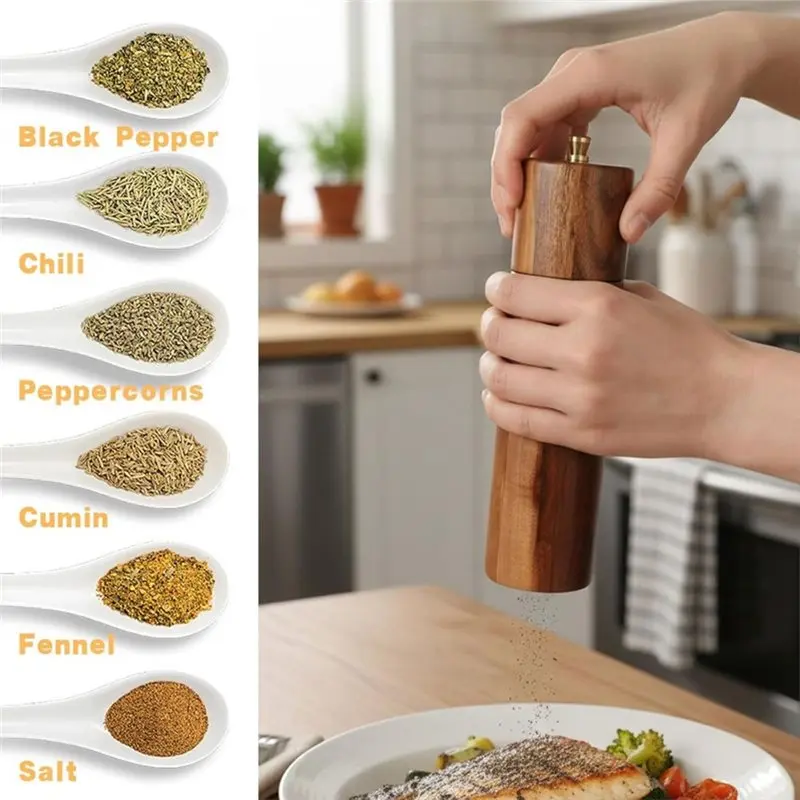 AB66-2 Pack Wood Salt And Pepper Grinder Set 8 Inch Adjustable Coarseness Mills With Brush And Spoon For Kitchen Home Gift