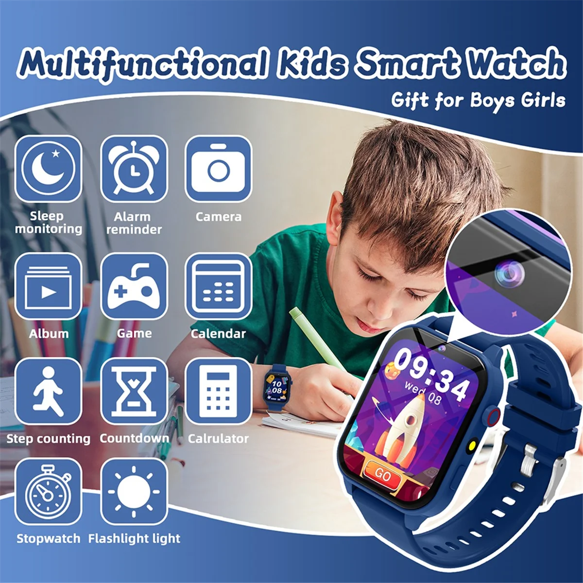 الأطفال دراسة Smartwatch HD ألعاب الكاميرا مصباح يدوي مراقبة النوم إنذار آلة حاسبة هدية عيد ميلاد للفتيات D