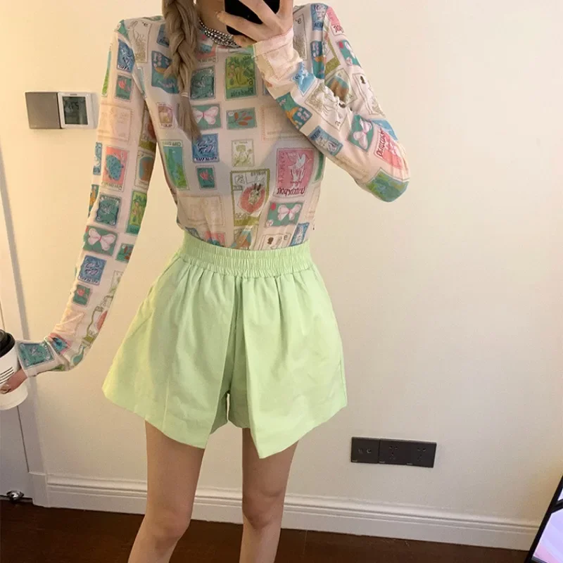 Women Kawaii Clothes Summer Vintage Print Harajuku Y2K Chic Mesh T Shirt Streetwear Casual O Neck Long Sleeve Thin Sunscreen Top