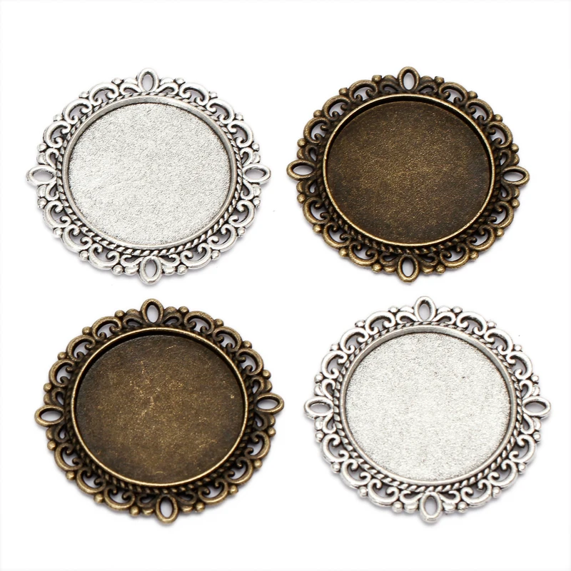 10 sztuk Cabochon 25mm antyczny brąz podwójna koronkowa podstawa wisiorek ustawienie szklana podstawa Cabochon taca DIY komponenty do biżuterii B