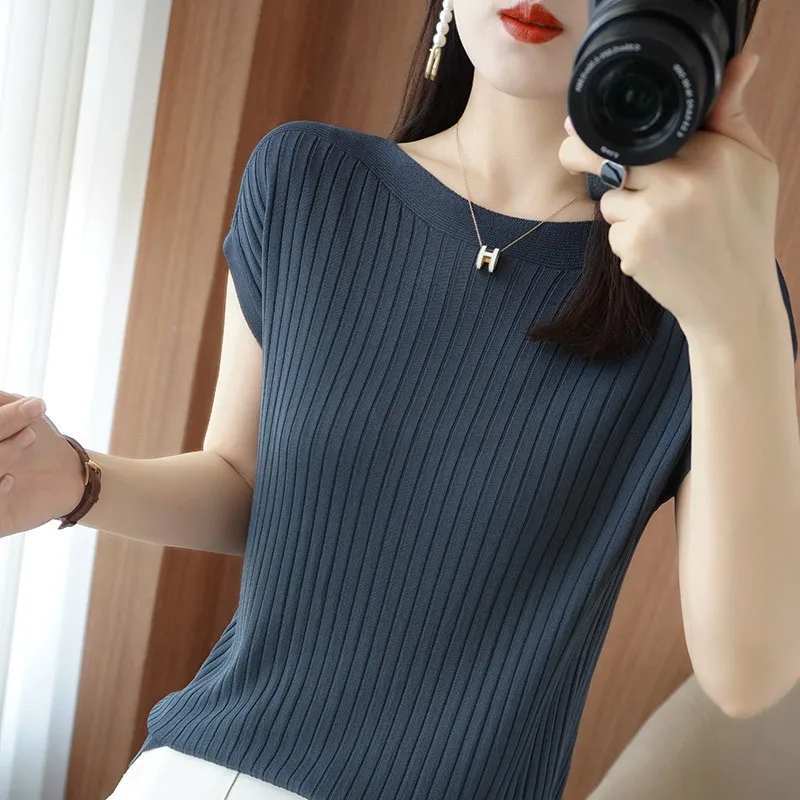 Spring Summer T-shirt Women Short Sleeves Slim Striped Innerwear Slash Neck Fashion Korean Loose Knitted T-shirt Sweater 2026
