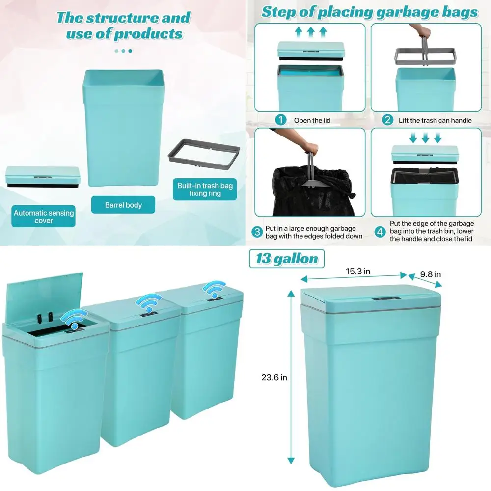 

Set of 3 Automatic Touchless 13 Gallon Plastic Trash Cans with Lids, 50 Liter Capacity, Blue