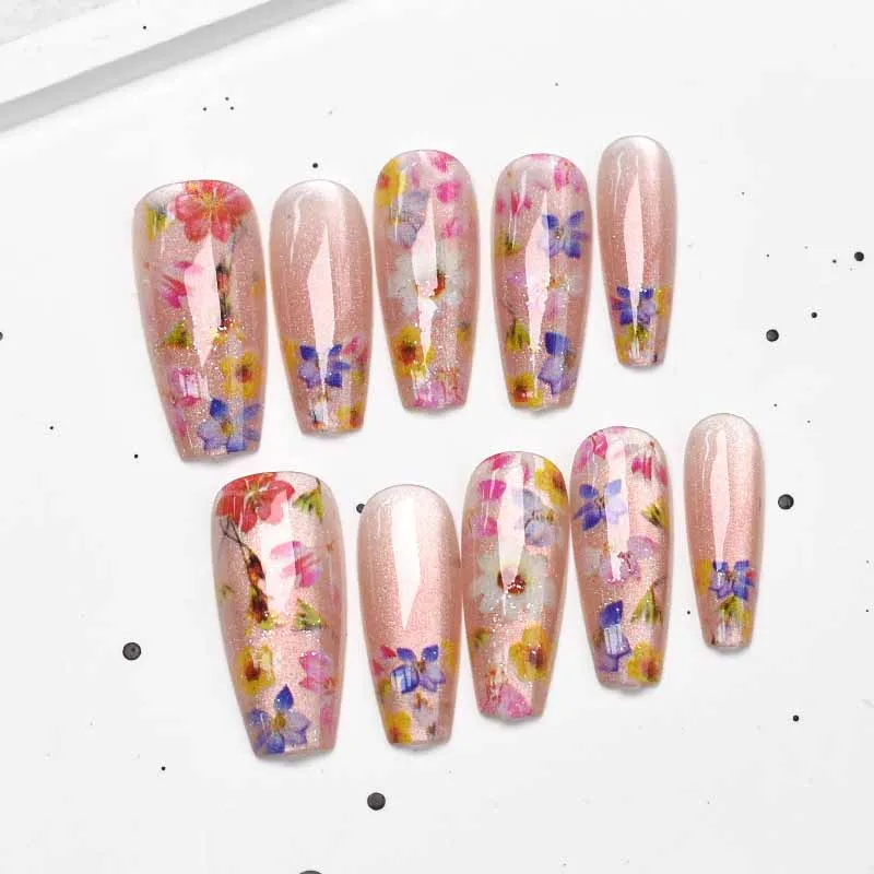 10 pièces doux Style féerique Dopamine crème fleur Nail Art presse sur les ongles amande Patch pour ongles oeil de chat tranches d'ongles faux ongles Art