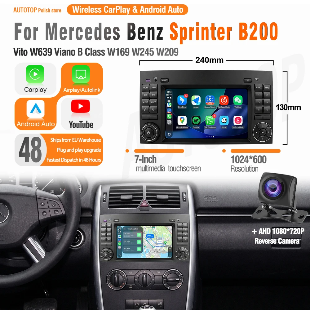 Schermo autoradio AUTOTOP 7" con YouTube per Mercedes Benz Sprinter B200 Vito W639 Viano Classe B W169 W245 W209 Carplay Android Auto