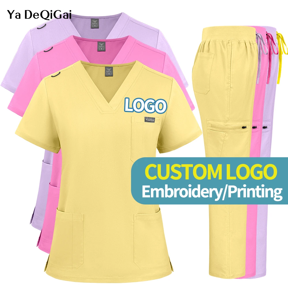 Tenue de travail unisexe pour femmes médecins avec logo brodé/imprimé, uniforme médical, ensemble de blouses d'hôpital, vêtements de travail pour infirmières dentaires et chirurgiens