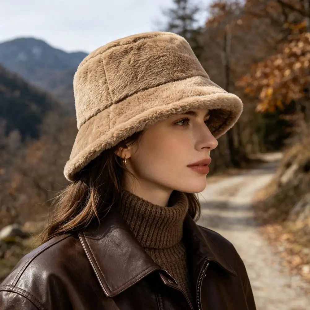Thickened Soft Faux Fur Cap Women Plush Bucket Hat Winter Warm Fisherman Cap Cozy Soft Fluffy Faux Fur Headwear for Autumn
