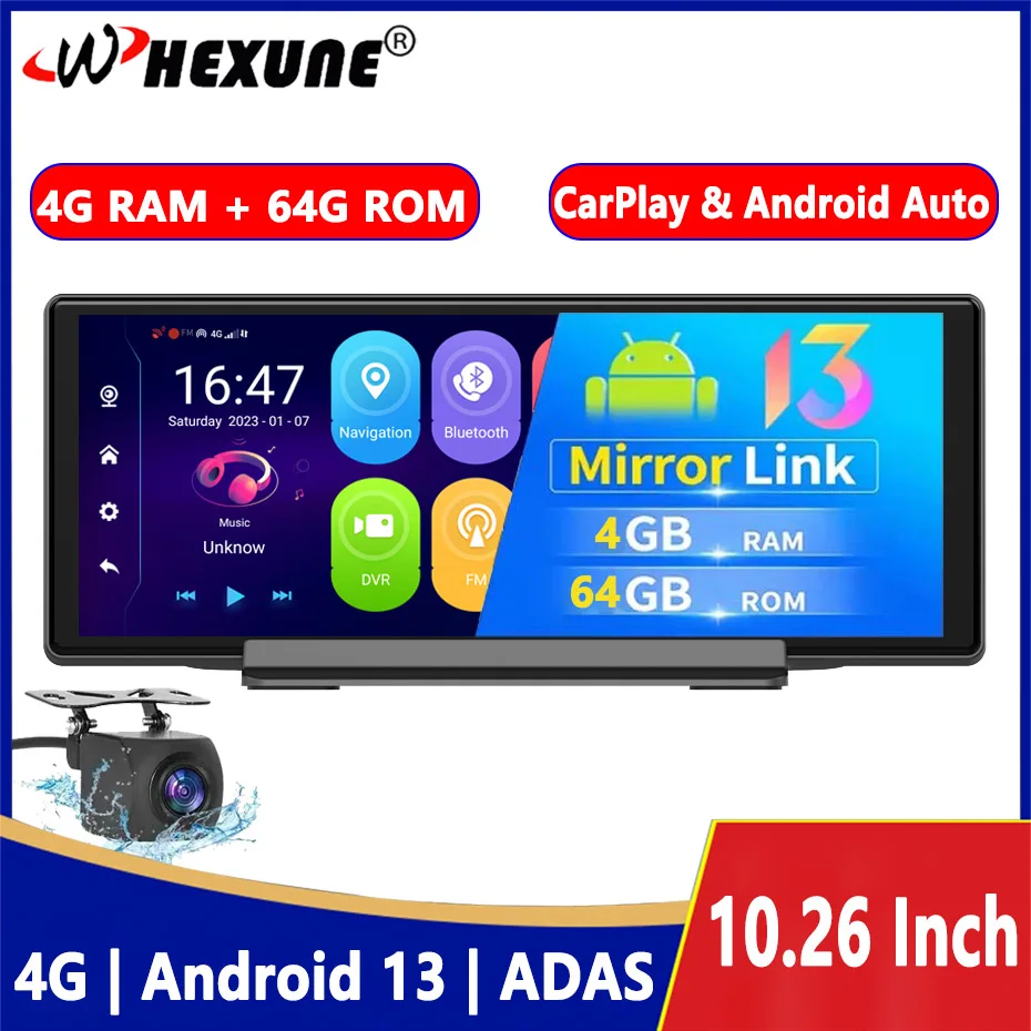 4G+64G 10.26 4G Android 13 IPS Screen GPS Navigation Carplay Android AUTO Dual Lens Dash Cam Rear View Mirror Video Recorder