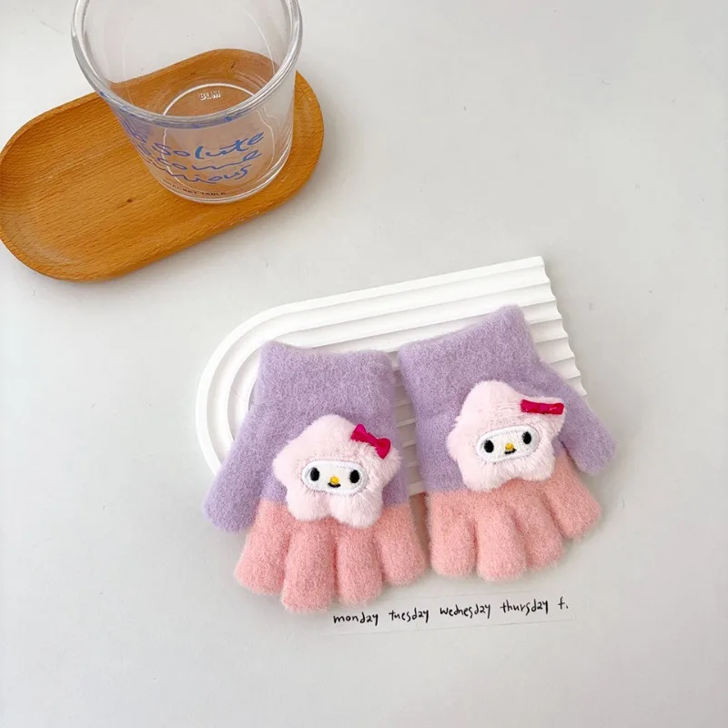 Sanrio Cartoon Baby Warm Gloves Kawaii Autumn Winter Cold Thickening Cute Children Write Five Fingers Outdoor Antifreeze Hands