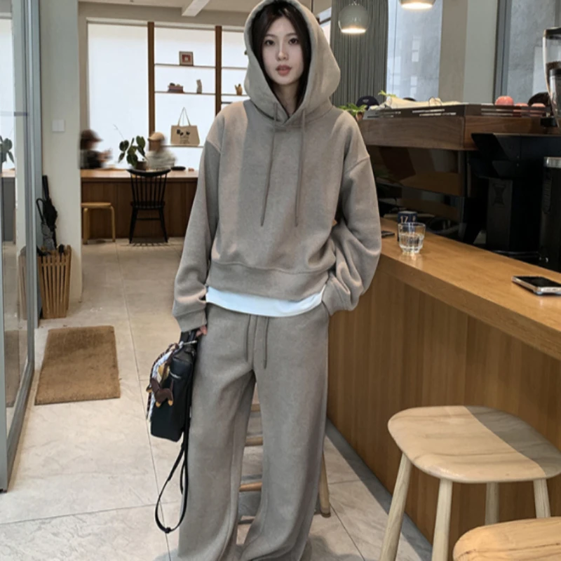 

Fleece Sweater + Straight Pants Heavy Weight High Gram Soufflé Set,Women's Autumn and Winter Warm Two-piece Set Casual Comfort