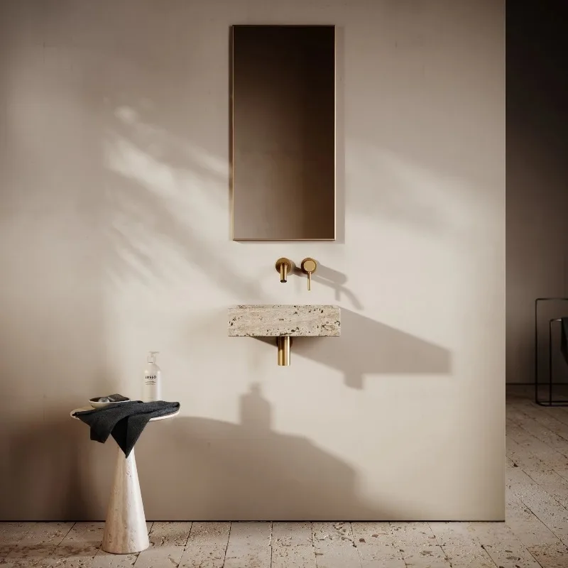 Modern Rectangular Natural Marble Washbasin Small Size Beige Travertine Wall Mounted Bathroom Sink