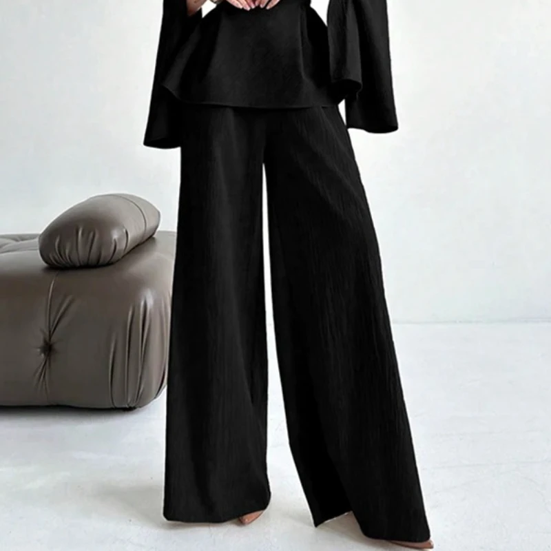 

2026 Women's Black Wide Leg Pants Solid Color High Waist Elasticated Loose Casual Daily Office Trousers Bottoms