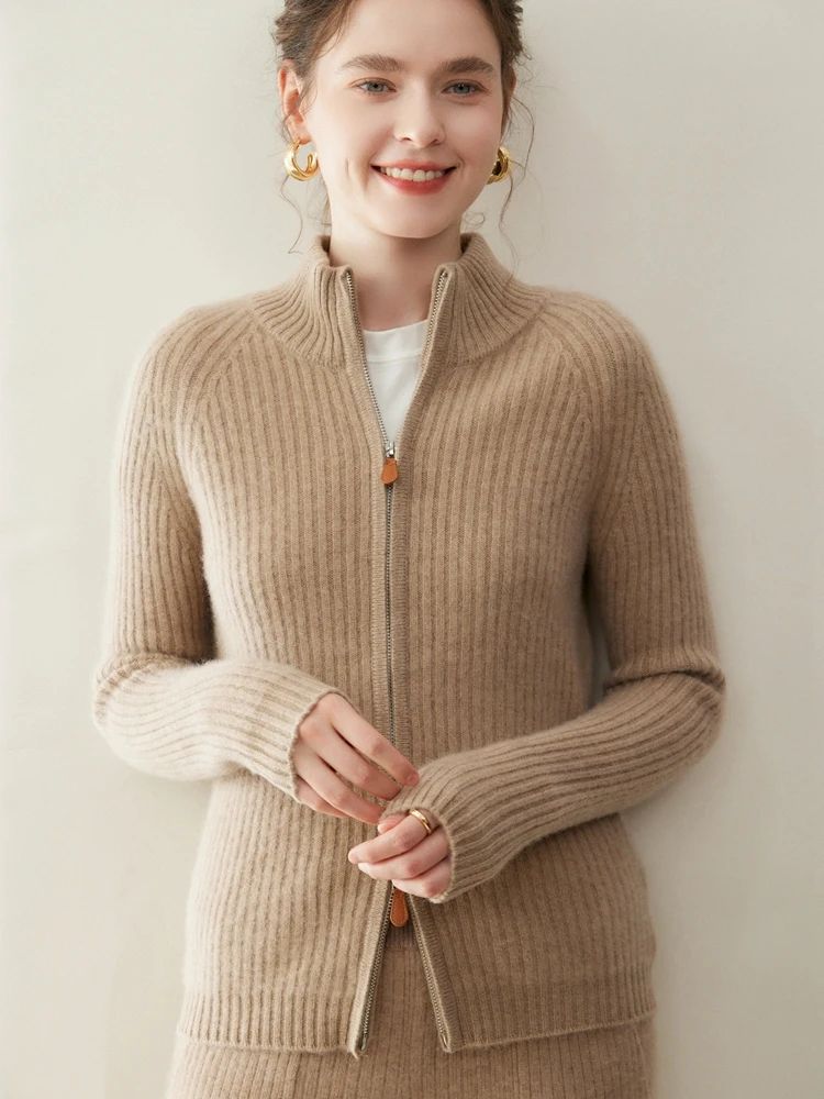 

Woman 2025 Double Zipper Quality Thick Cardigan Autumn Winter 100% Cashmere Sweater Stand Up Collar Basics Knitwear Clothing Top