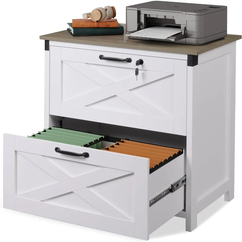 

2 Drawer Farmhouse File Cabinet with Lock, Lateral Filing Cabinet for Letter/Legal/A4 Size, Wood Printer Stand for Home