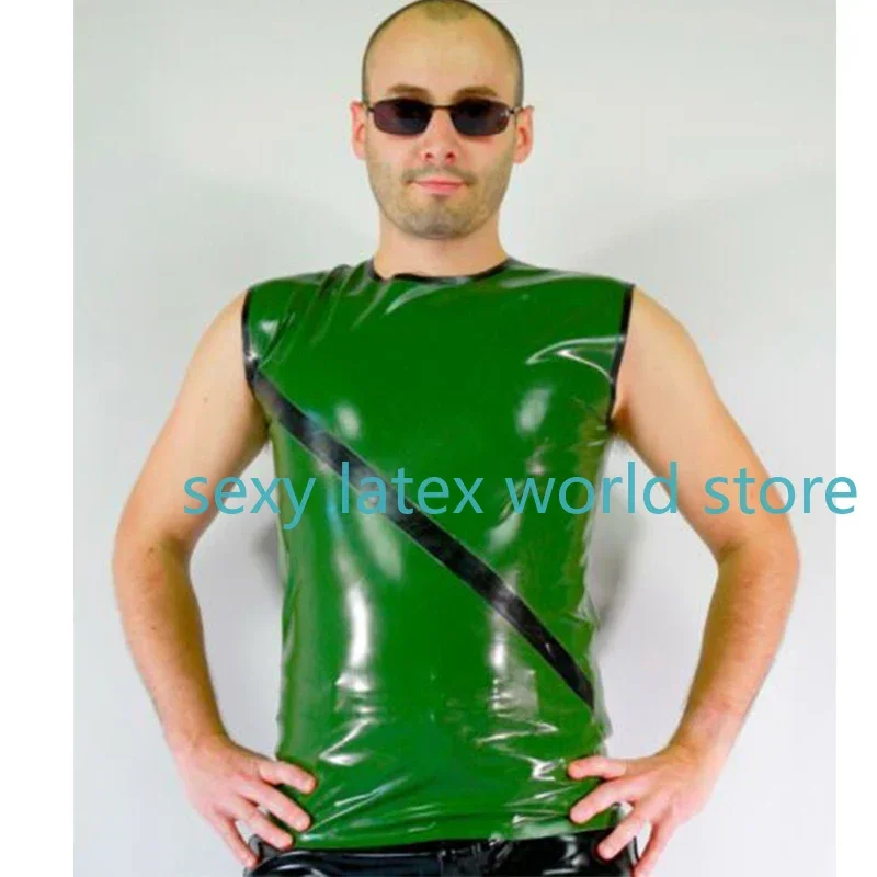 

Men's 100% Handmade Latex Vest Top Sleeveless Green with Black Trims Top T-shirt XS To XXXL