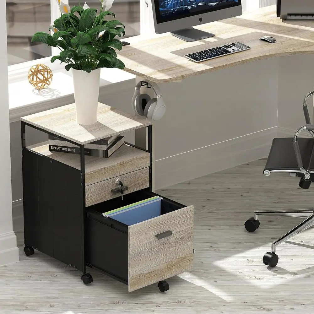 Maple Rolling File Cabinet with Open Shelves and Lockable Storage Drawer