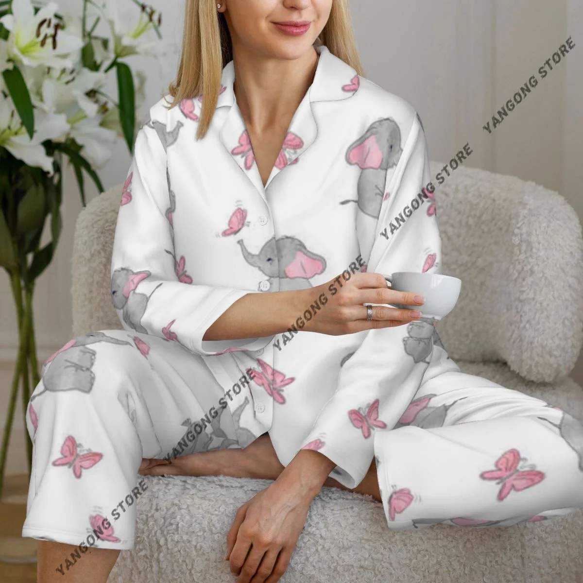 

Women Sleepwear Pajamas Cute Elephant Playing Butterflies Pattern Long Sleeve Pijama Female Set Negligee Cardigan Suit