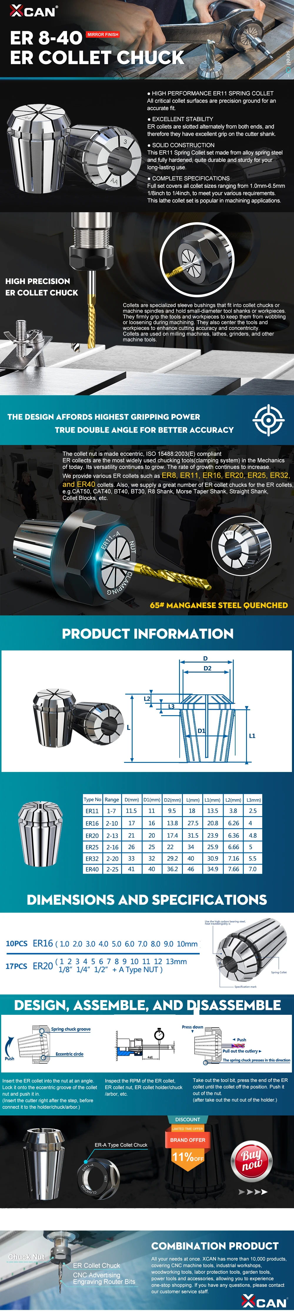 XCAN ER8 ER11 ER16 ER20 ER25 ER32 ER Federspannzangen-Set Präzisions-Spannzangenfutter für CNC-Fräswerkzeughalter Graviermaschine – Detail 3