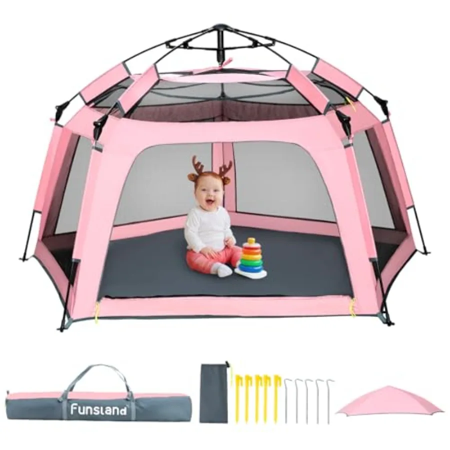 Corralito para Bebés Plegable para Interiores y Exteriores con Toldo, Tela de Poliéster Rosa, Bolsa de Viaje Portátil Incluida para Playa, Hogar y Viajes