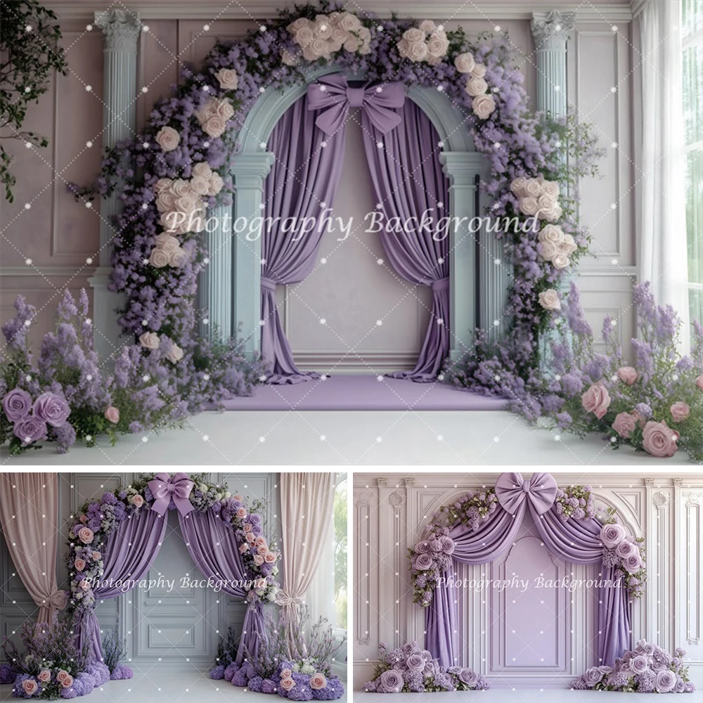 

Purple Flower Background Arch Door Flower Birthday Wedding Party Church Decorations Photography Backdrop Photo Studio Props