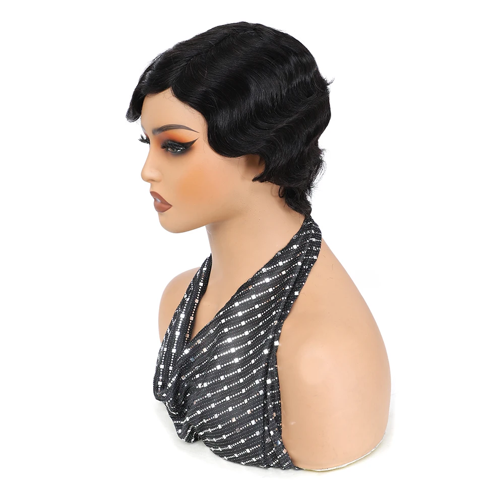 Short Finger Wavy Wig Curly Black Cute Wig Real African Black Wigs for Women Mommy Wig Is Looks Natural (1B Black)