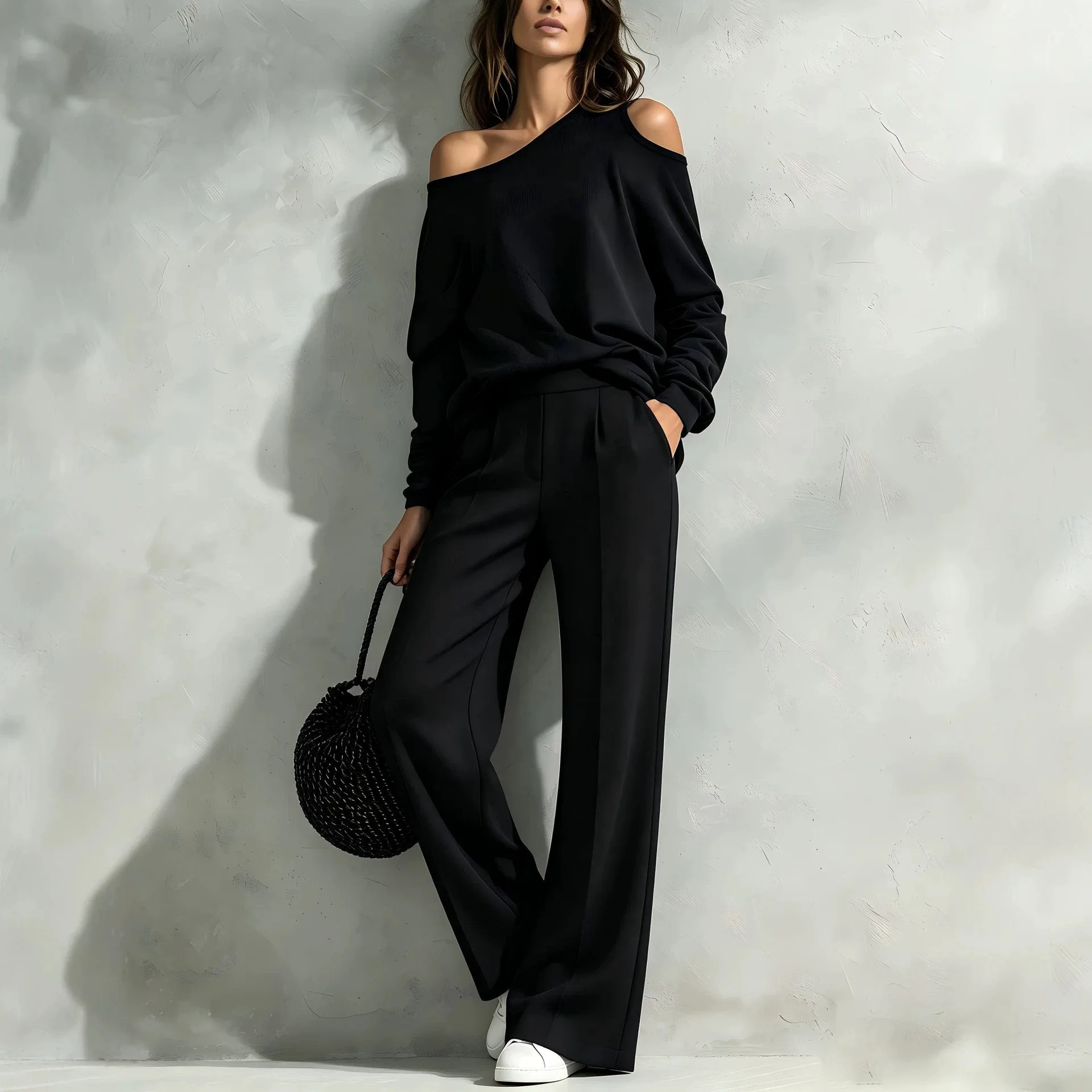 Off Shoulder Matching Set Women's Loose Blouse Top Wide Leg Pants Spring Summer