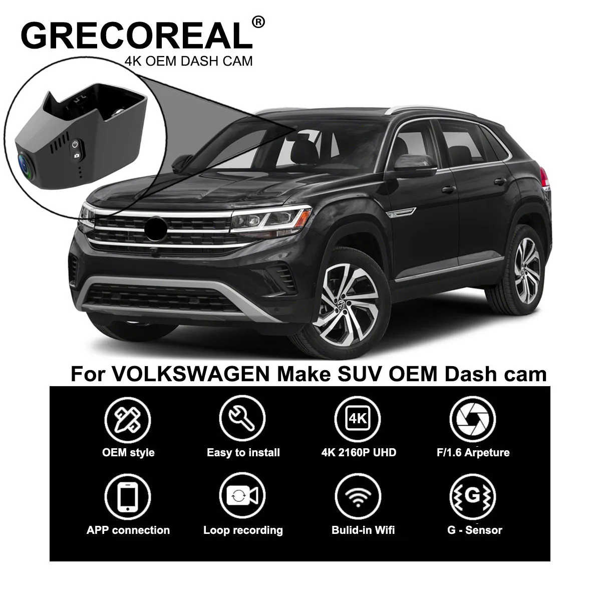 GRECOREAL 4K Dash Cam Front Rear 2160P WiFi Car Dual Camera Dashcam Car Camera Plug Play Compatible with Volkswagen Tiguan Vw