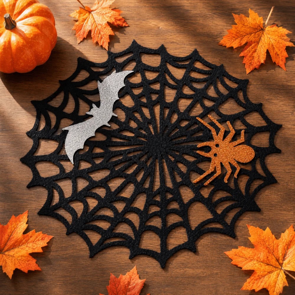 Set de table et sous-verre Halloween toile d'araignée antidérapants, imperméables, isolants thermiquement, ajourés en feutre doux pour table à manger