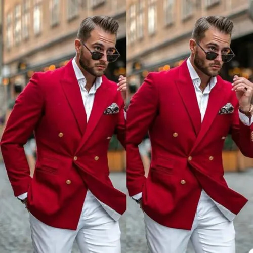 Blazer rojo para hombre, traje informal de negocios, abrigo de boda, chaqueta de solapa de pico ajustada, abrigo de doble botonadura de alta calidad