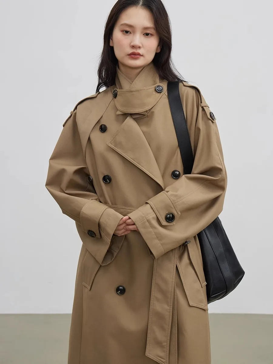Mauroicardi Spring Autumn Long Khaki Trench Coat for Women Double Breasted Loose Casual Korean Fashion Luxury Designer Overcoat
