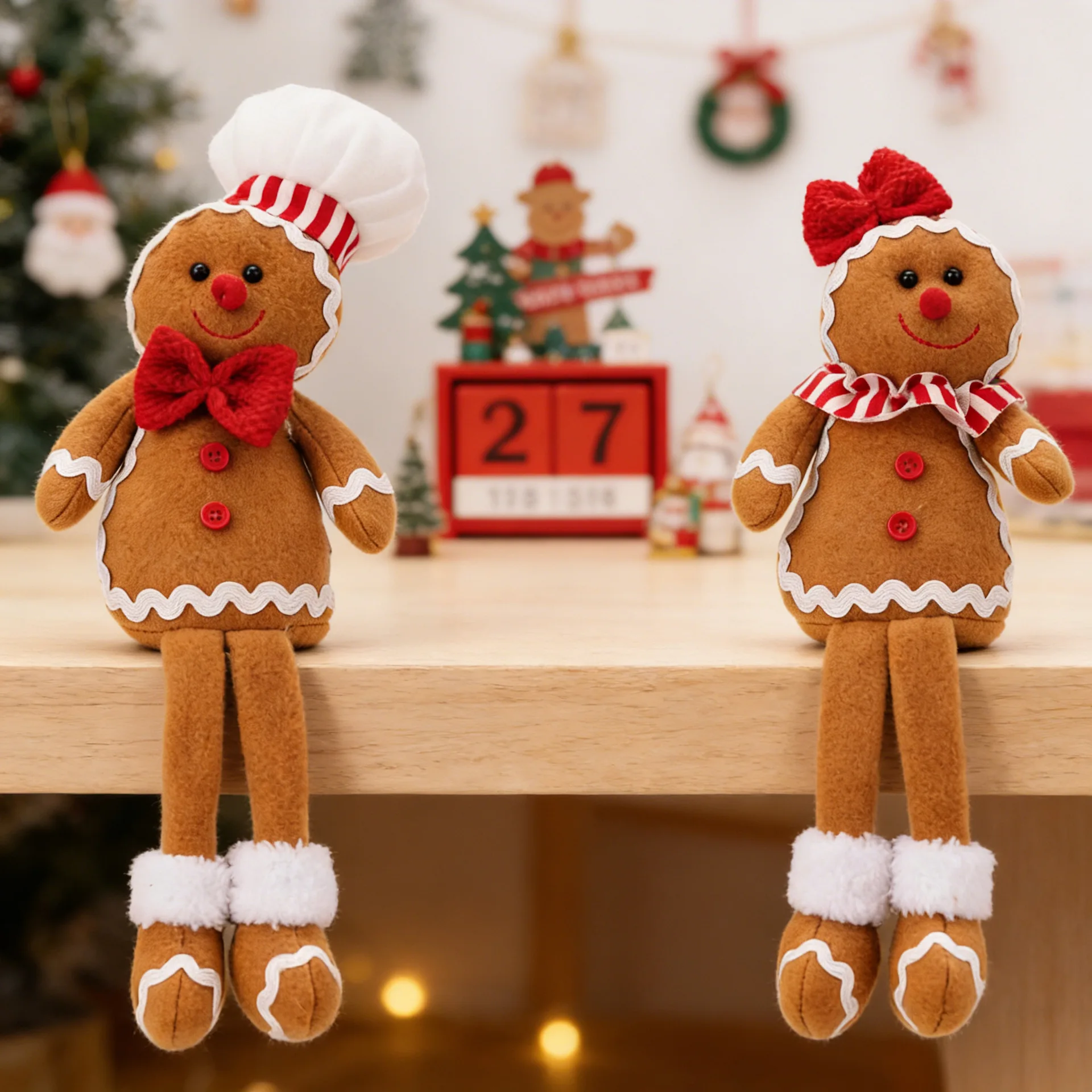 Muñecos de peluche de hombre y mujer de jengibre de piernas largas, decoración navideña, sombrero de chef, pajarita, adornos navideños, decoración de mesa para el hogar, regalos, 24 cm.