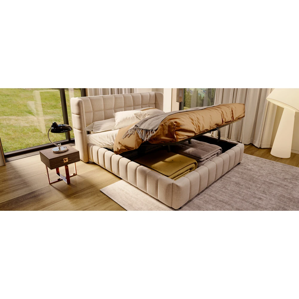 180x200cm gepolstertes Doppelbett mit pneumatischer Stauraum-Lattenrostunterlage und Rückenlehne – Leinenrahmen für Erwachsene und Jugendliche (ohne Matratze) – Detail 8