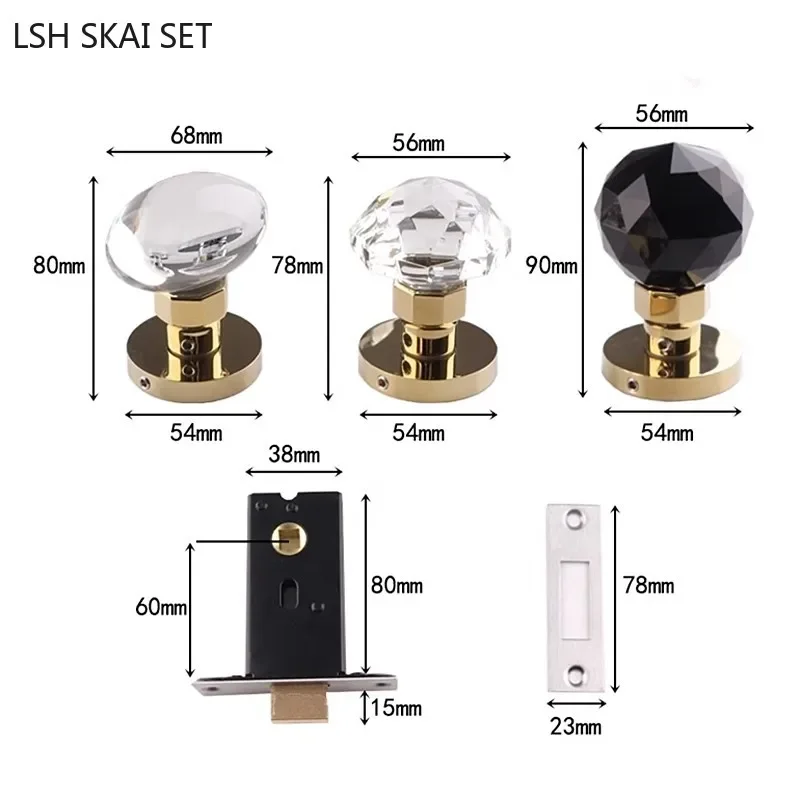 Light Luxury Invisible Lock Single-sided Handle Portable Door Lock Gold Indoor Background Wall Globe Lock Crystal Door Handle