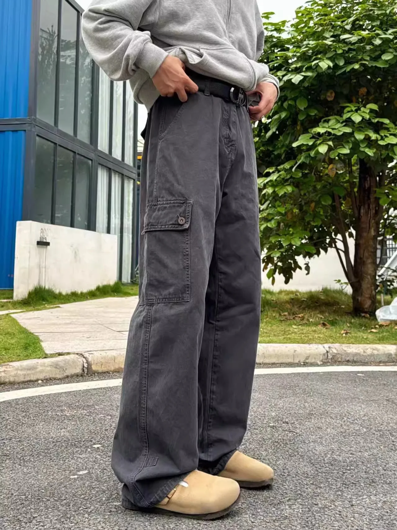

American High Street Vibe Retro ey Multi-ket Workwear Jeans Men's Straight Loose Wide Leg Casual Long Trousers