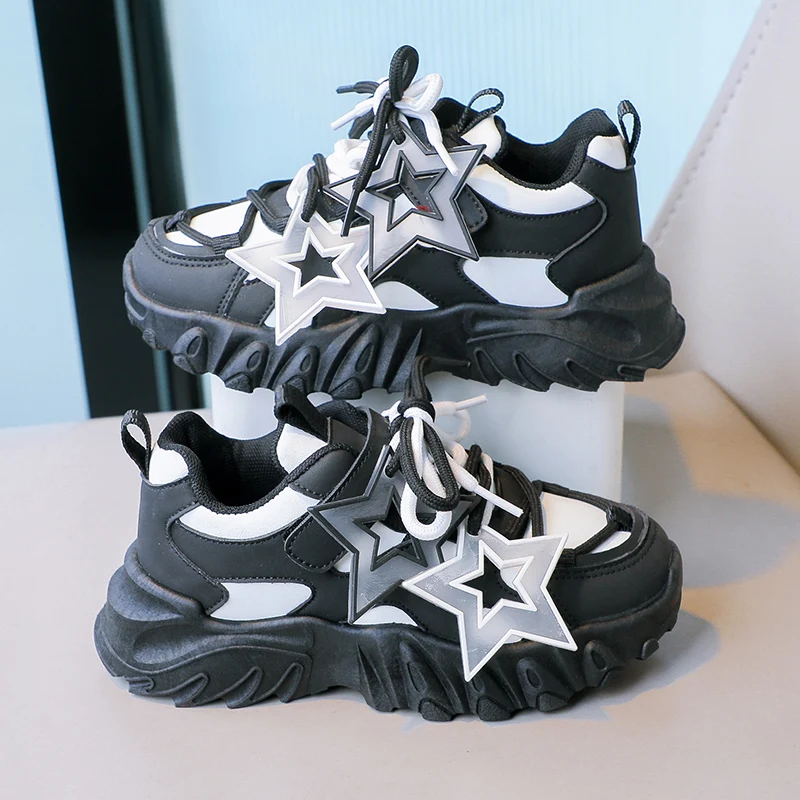 Breathable Gradient Color Kids Sports Shoes, Breathable Chunky Sneakers for Girls and Boys with Star Decoration