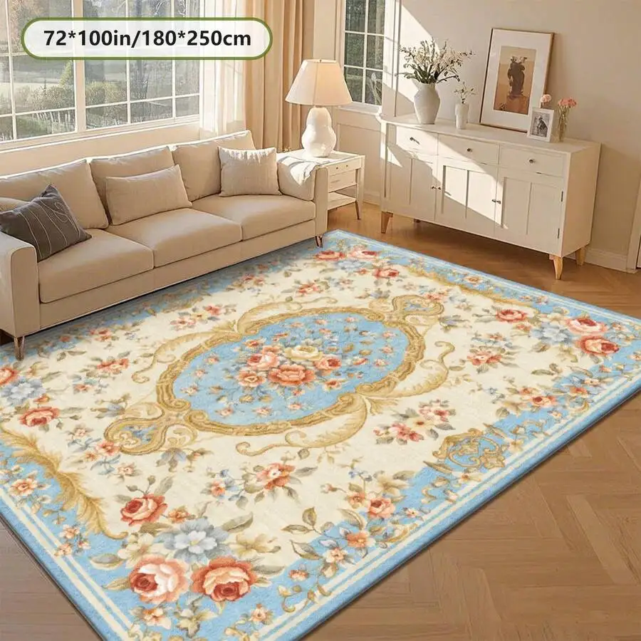 Vintage Floral Printed Area Rug Light Beige Background Blue Border Living Room Carpet Machine Washable