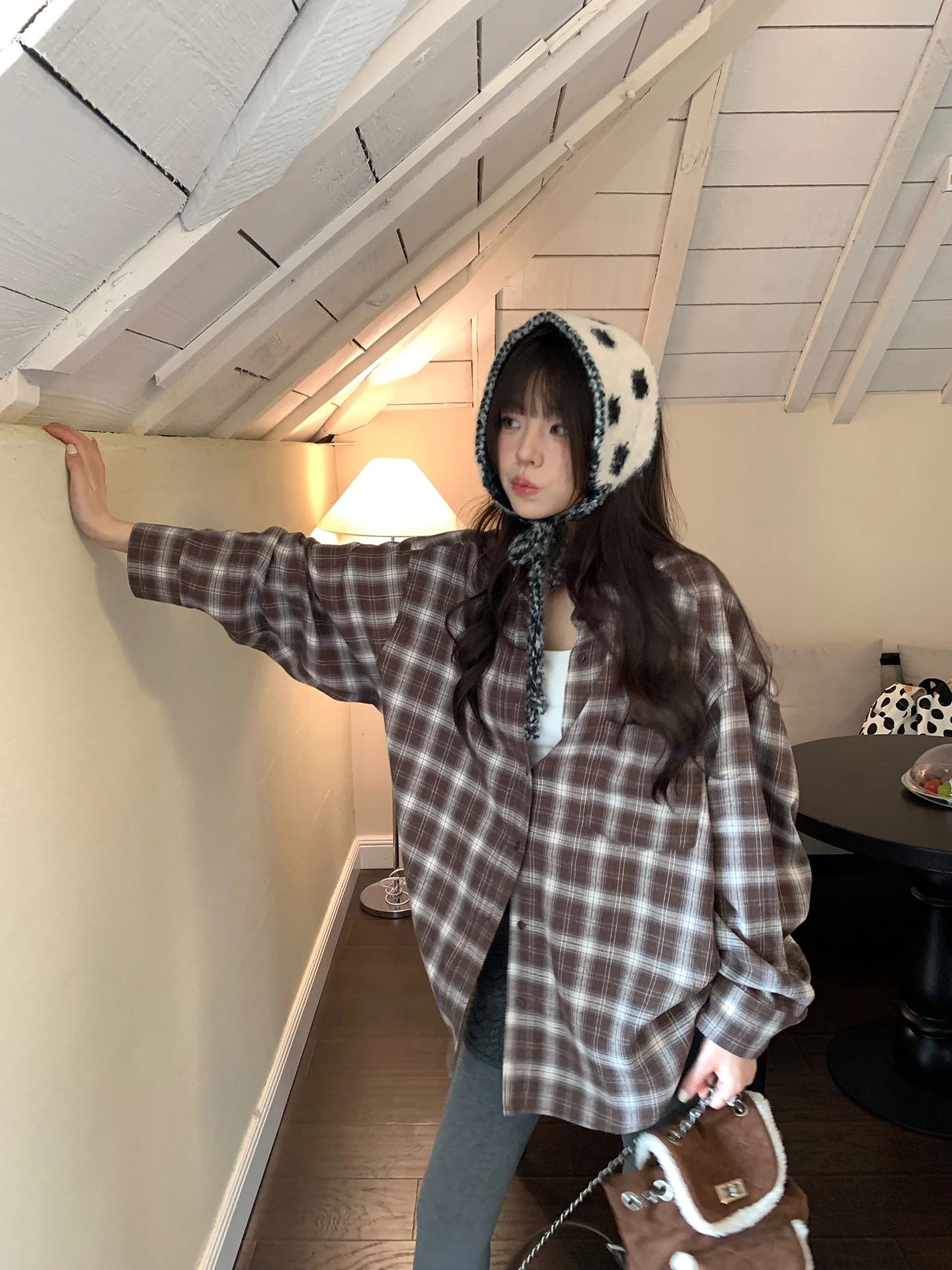 

Женское винтажное пальто Lazy Sle в клетку кофейного цвета с деревянными пуговицами, осенняя новинка, повседневный корейский стиль, свободный крой