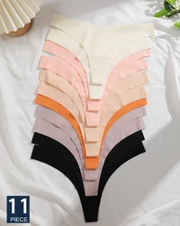 FINETOO 11PCS Seamless Thong Women Ice Silk T-back Intimate Solid Breathable Crotch Briefs Sexy Tanga Multiple 17 Color Lingerie