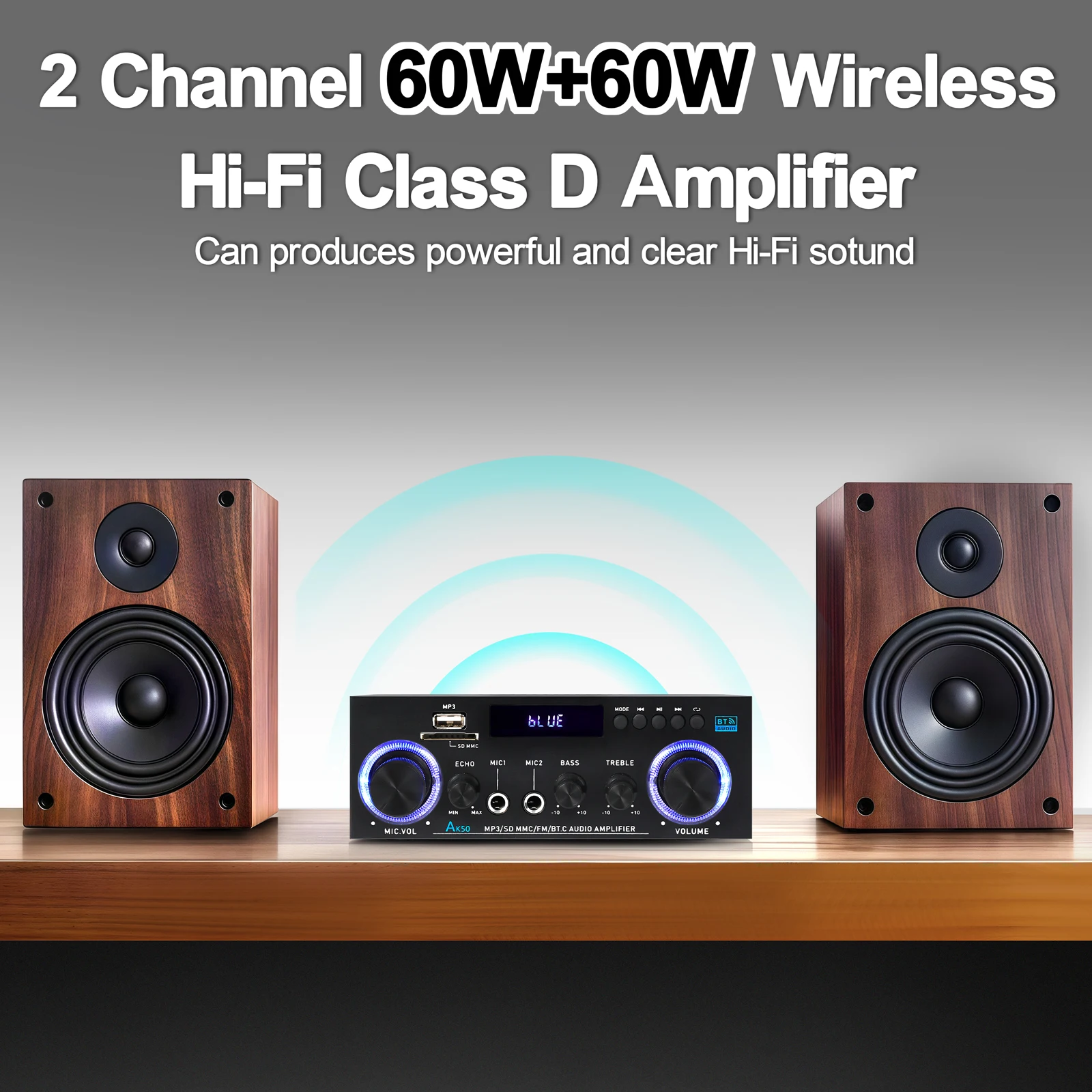 Woopker AK50 HIFI Audio Amplifier MAX 840W RMS 60W*2 Channel 2.0 Bluetooth5.3 Surround Sound Class D Amplifier Suitable for Home