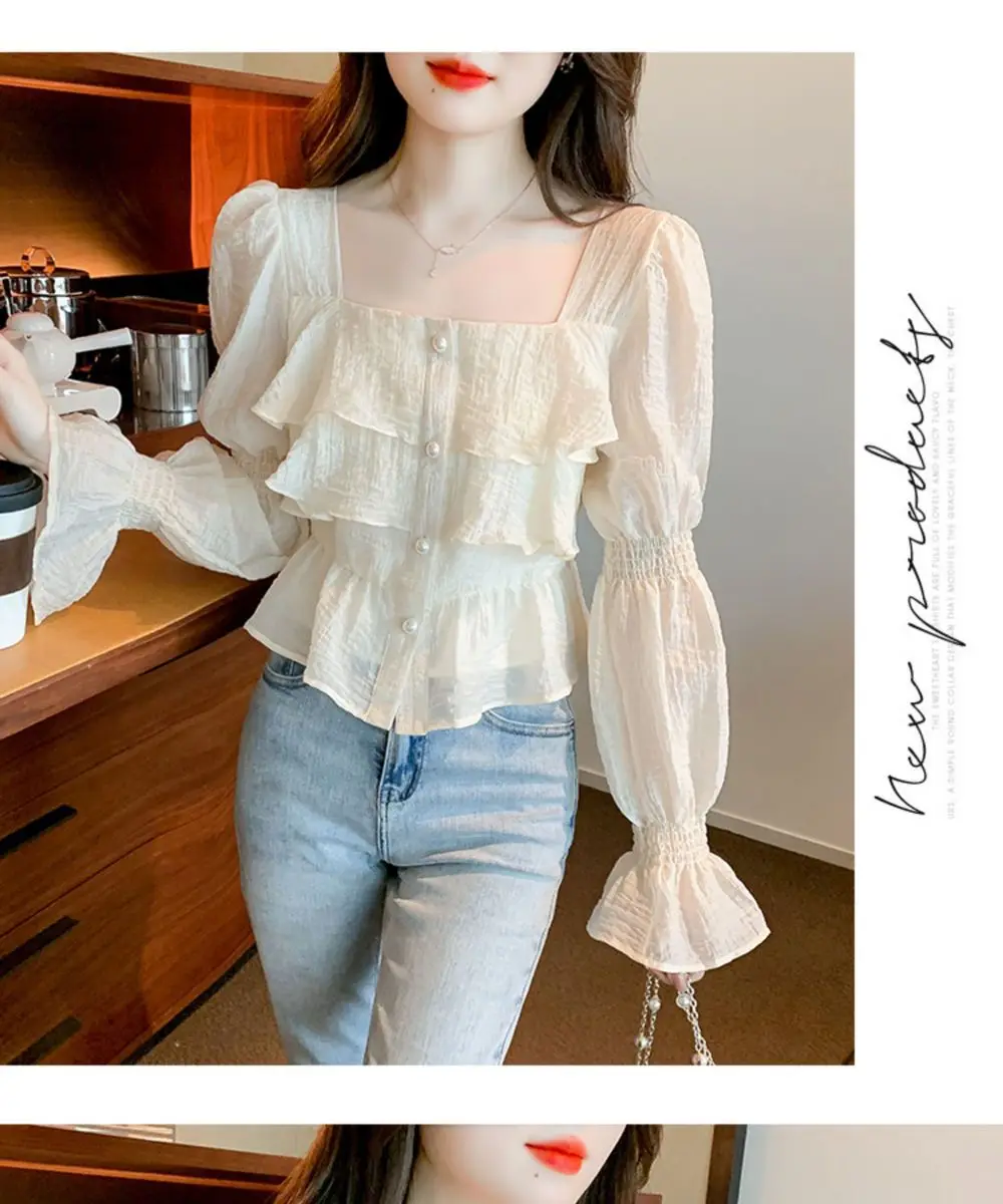 Sweet French Design with Short Ruffle Edge Chiffon Shirt for Women to Look Slim and Elegant Lantern Sleeve Top