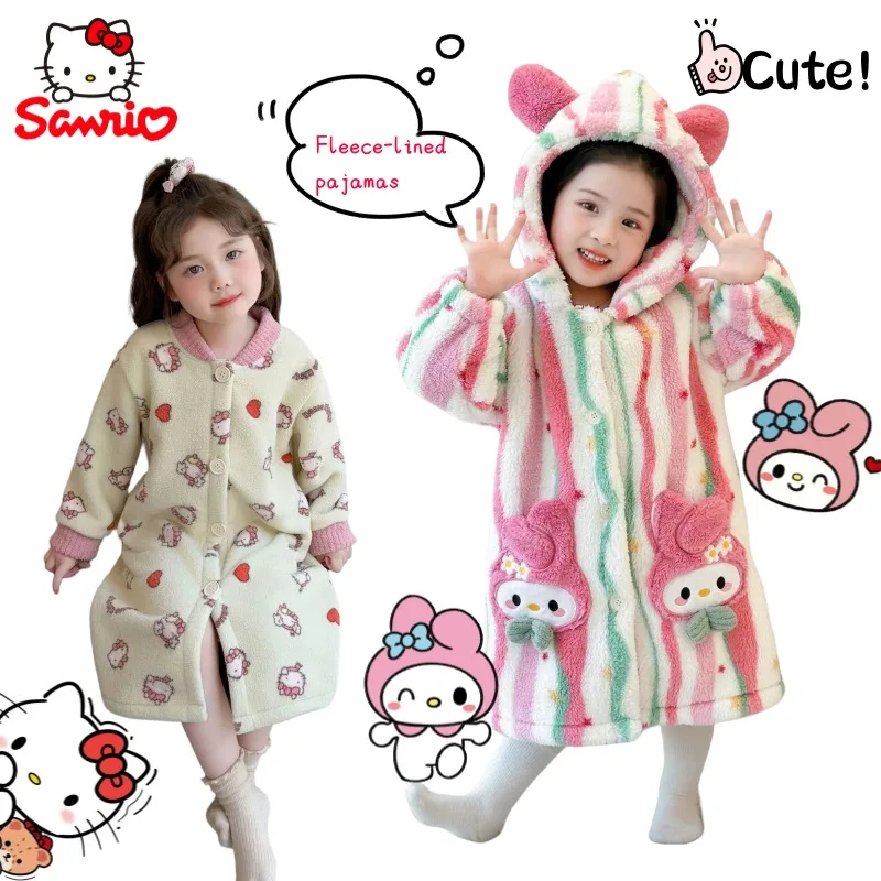 

Sanrio Hello Kitty My Melody Anime Cartoon Cute Fleece-Lined Warm Girls' Bathrobe Creative Kawaii Thickened Cozy Homewear Gift