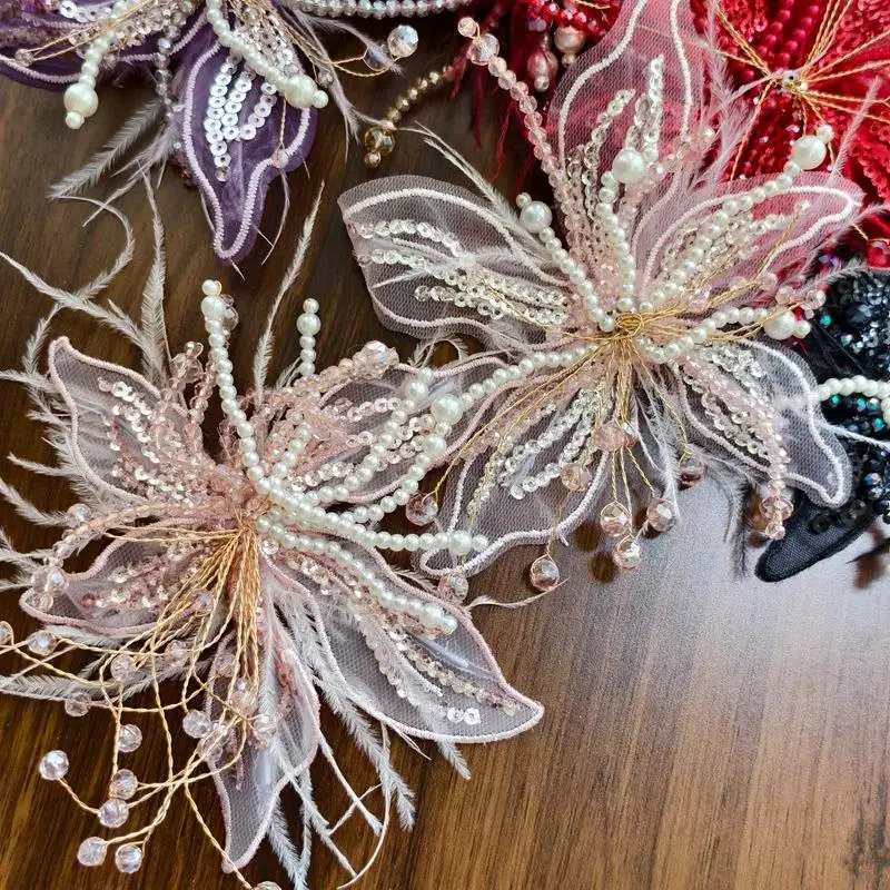 1 Stück Kristallblumen-Spitzenapplikation mit Federn und Perlen, 3D-Organza-Blumenapplikation, gedrehter Draht, handgefertigt, DIY-Nähapplikationen – Detail 8