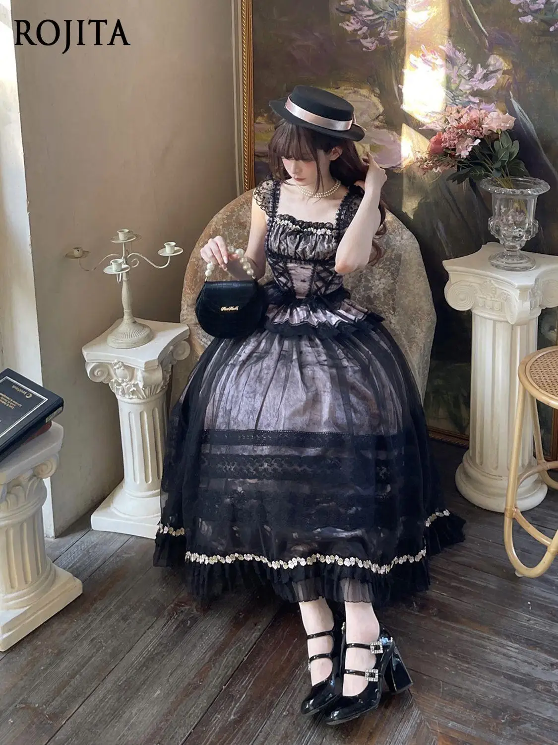 

Gray Pink Lolita Skirt Sets Princess Elegant CLA Strap Lace Trim Women's Top + Long Skirt Two-Piece Sets Women Outfits